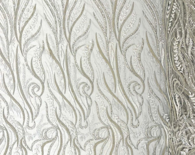 Silver feather damask embroider with sequins and clear heavy beaded on a mesh lace fabric-sold by the yard-