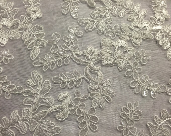 Off white corded flowers embroider with sequins on mesh lace fabric- yard