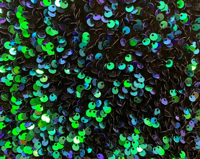 Green Iridescent On Black  stretch velvet with luxury sequins all over 5mm shining sequins 2-way stretch, sold by the yard.