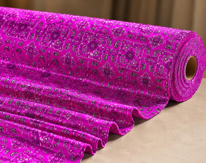 Fuchsia Metallic Bandana Print Stretch Tricot Spandex Fabric By The Yard, 4 Way Nylon Lycra Swimwear Fabric