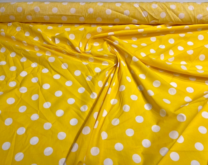 White dot On Yellow 58" Wide Premium 1 inch Polka Dot Poly Cotton Fabric Sold By The Yard.