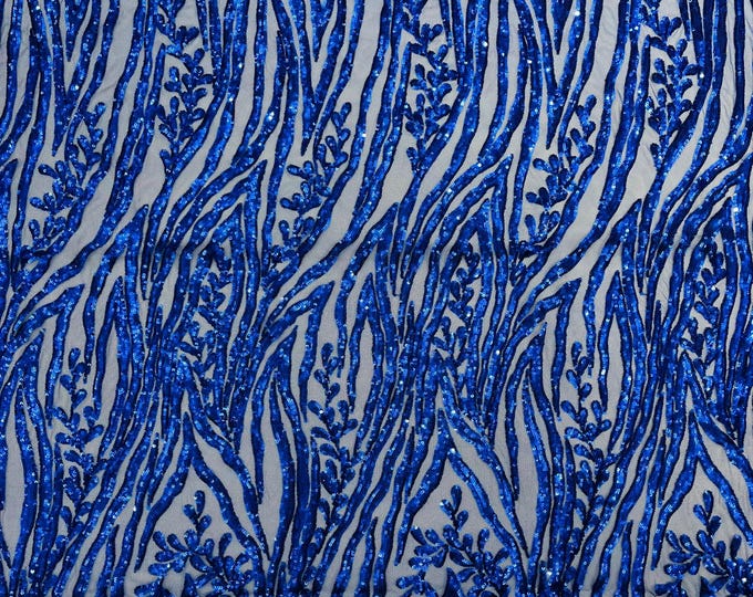 Royal Blue - Vine/Root Sequin 4 Way Stretch Mesh Fabric, by The Yard.