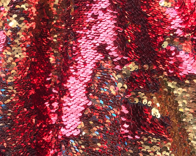 Red-gold shiny mermaid sequins embroider on a 2 way Stretch spandex-flip Sequins-appparel-fashion-decorations-nightgown-sold by the yard.