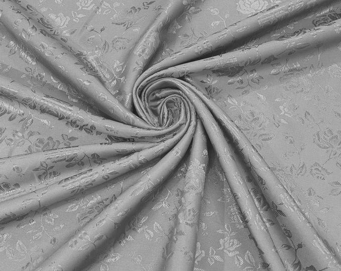 Gray 58" Wide Polyester Flower Brocade Jacquard Satin Fabric, Wedding, Dressmaking