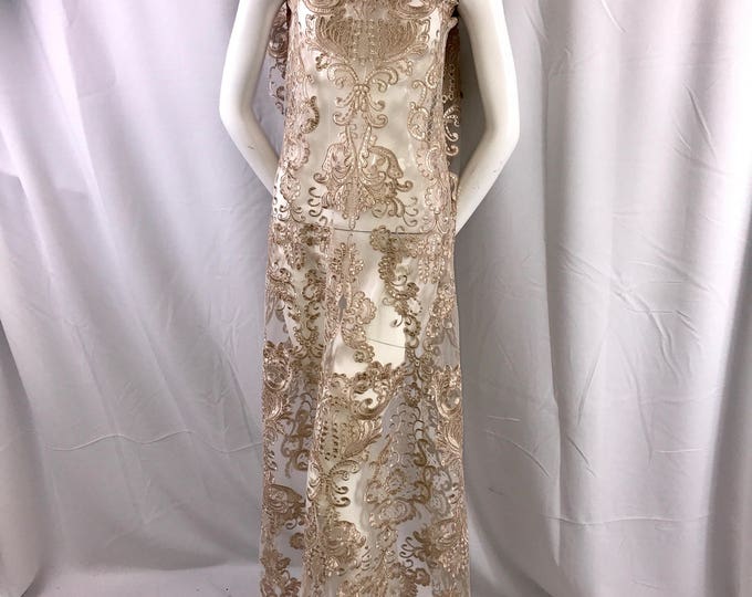 Taupe Damask pattern Embroidery with shiny sequins and Corded on a mesh lace-dresses-fashion-decorations-apparel nightgown-sold by the yard.