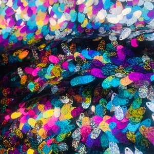 Multi color iridescent teardrop sequin design on a mesh-prom-nightgown-decorations-sold by the yard-free shipping in the USA-