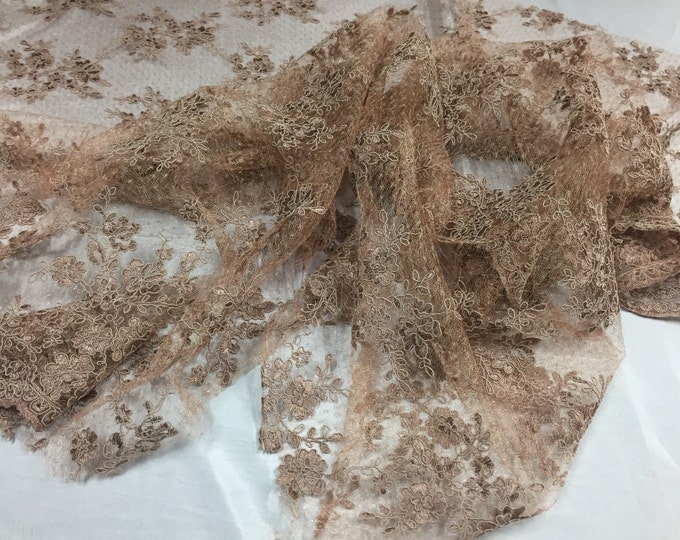 Sensational light brown flowers Embroider And Corded On a Polkadot Mesh Lace-prom-nightgown-decorations-dresses-sold by the yard.