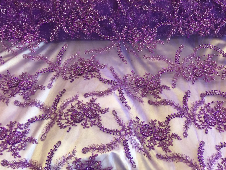 Purple flower burst design embroider on a mesh lace with glass beads-wedding-bridal-prom-nightgown fabric-dresses-sold by the yard-