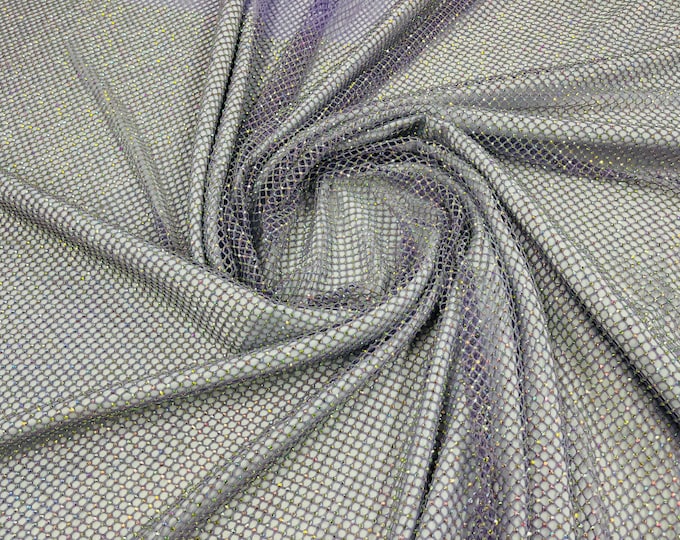 Lilac AB Iridescent Rhinestones On Soft Stretch Fish Net Fabric 45" Wide -sold by The Yard.