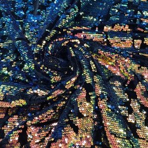 Rainbow Sequin on Black Stretch Velvet With Partial Luxury Sequins 5mm  Shining Sequins 2-way Stretch 58/60 choose the Quantity 