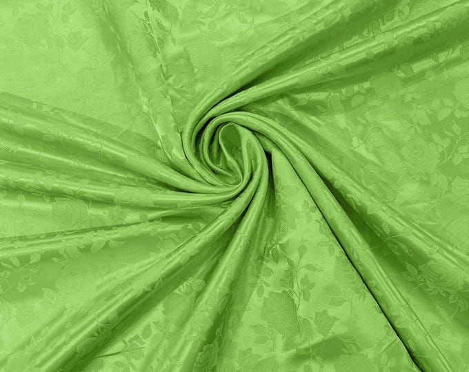 Lime Green 58" Wide Polyester Flower Brocade Jacquard Satin Fabric, Wedding, Dressmaking