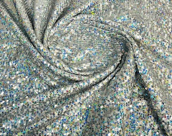 Silver Iridescent Sequins White Taffeta Fabric-Glitz Sequins Taffeta Fabric-Raindrop Sequins-54” Wide-Sold By The Yard.