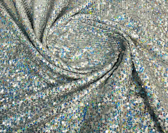 Silver Iridescent Sequins White Taffeta Fabric-Glitz Sequins Taffeta Fabric-Raindrop Sequins-54” Wide-Sold By The Yard.