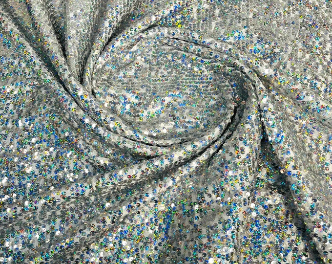 Silver Iridescent Sequins White Taffeta Fabric-Glitz Sequins Taffeta Fabric-Raindrop Sequins-54” Wide-Sold By The Yard.