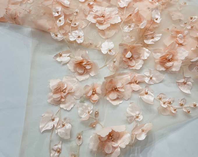 Blush Peach Orquidia 3d floral design embroider with pearls in a mesh lace fabric-dresses-fashion-decorations-prom-sold by the yard.