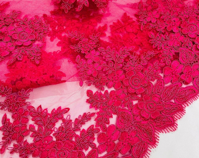 Fuchsia corded lace 3d floral embroider sold by the yard.