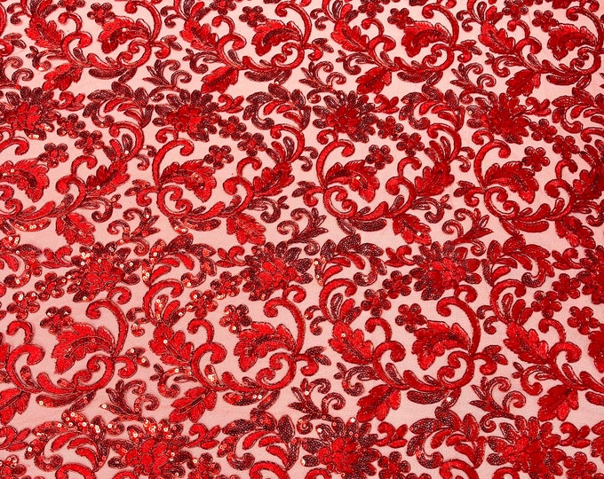 Red metallic corded embroider flowers with sequins on a mesh lace fabric-prom-sold by the yard.