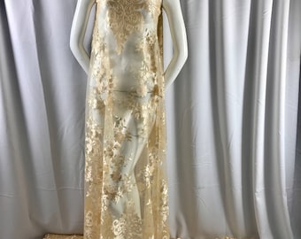 Cream/ champagne flowers embroider on a 2 way stretch mesh lace-Nightgown-apparel-fashion-dresses-decorations-Sold by the yard.