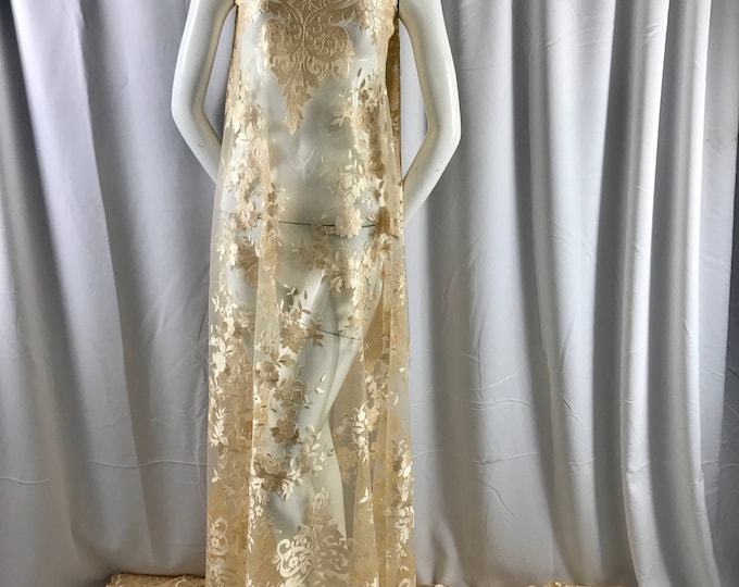 Cream/ champagne flowers embroider on a 2 way stretch mesh lace-Nightgown-apparel-fashion-dresses-decorations-Sold by the yard.