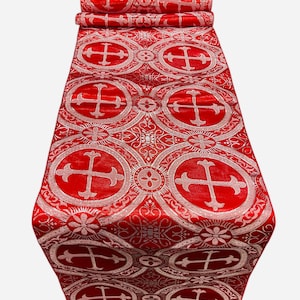 Red / Silver - Religious Brocade Runner Tablecloth | Liturgical Fabric | Runner Ecclesiastical Jacquard | Church | Vestment - Cross Brocade.
