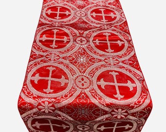 Red / Silver - Religious Brocade Runner Tablecloth | Liturgical Fabric | Runner Ecclesiastical Jacquard | Church | Vestment - Cross Brocade.