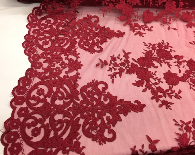 Burgundy flowers embroider on a 2 way stretch mesh lace. Wedding/Bridal/Prom/Nightgown fabric-apparel-fashion-dresses-Sold by the yard.