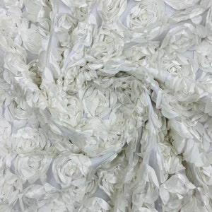 Off white 3D Rosette Embroidery Satin Rose Flowers  Floral Mesh Fabric by the yard