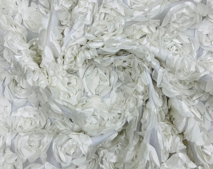 Off white 3D Rosette Embroidery Satin Rose Flowers  Floral Mesh Fabric by the yard