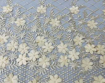 Champagne Lia 3d floral design embroider with pearls in a mesh lace-dresses-fashion-decorations-prom-nightgown-sold by the yard.