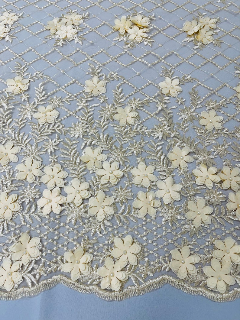 3D Floral Design Embroider with Pearls in a Mesh Lace-Sold by The Yard Orange