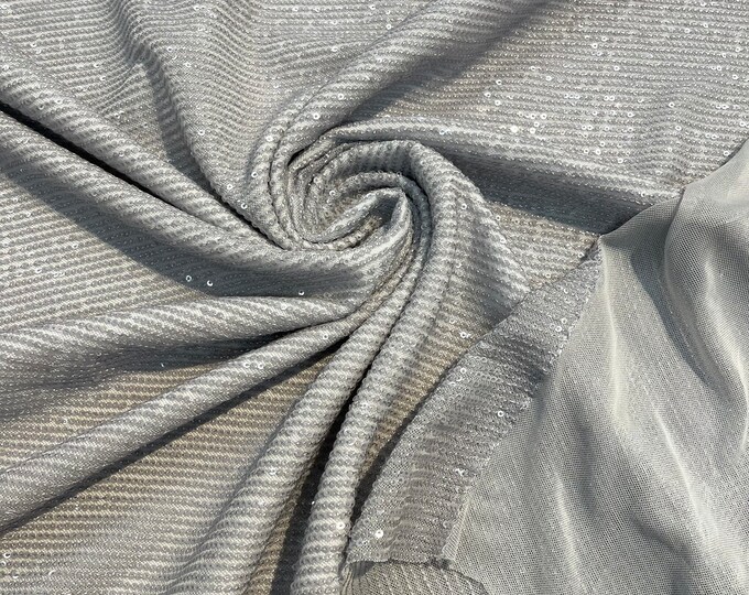 Silver chain shiny sequins design on a 4 way stretch mesh fabric -prom-sold by the yard.