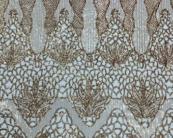 Gold shiny floral damask sequin design on a 4 way stretch mesh-prom-sold by the yard.