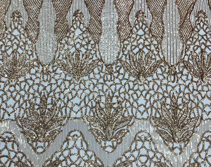 Gold shiny floral damask sequin design on a 4 way stretch mesh-prom-sold by the yard.