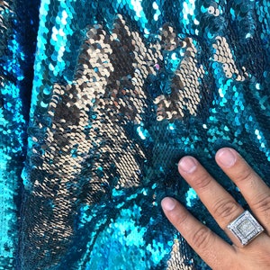 Teal blue-silver shiny flip sequins-mermaid fish scales embroider on a 2 way stretch spandex-dresses-fashion-apparel-pillows-sold by yard.