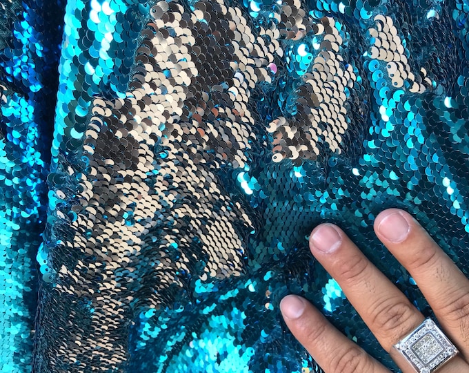 Teal blue-silver shiny flip sequins-mermaid fish scales embroider on a 2 way stretch spandex-dresses-fashion-apparel-pillows-sold by yard.