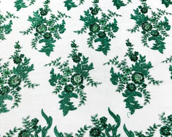 Gorgeous Hunter Green French design embroider and beaded on a mesh lace. Wedding/Bridal/Prom/Nightgown fabric.