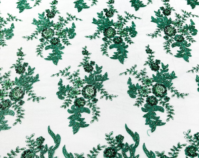 Gorgeous Hunter Green French design embroider and beaded on a mesh lace. Wedding/Bridal/Prom/Nightgown fabric.