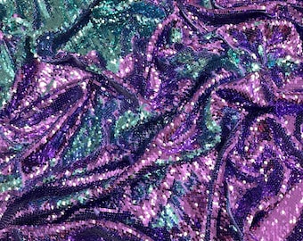Lavender Turquoise Reversible Color Changing Sequin Fabric| 54" Wide| Stretch Polyester Spandex.