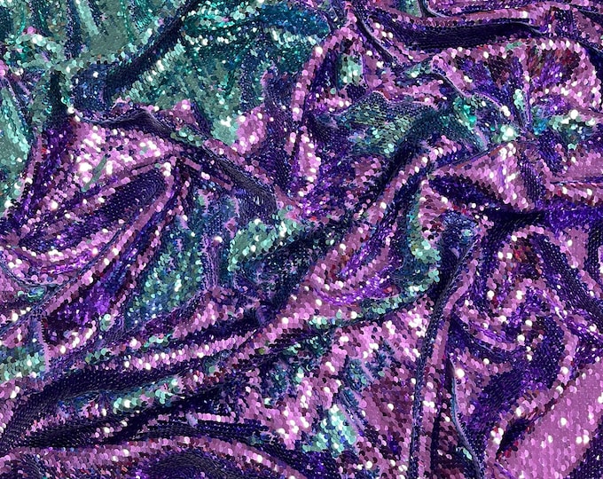 Lavender Turquoise Reversible Color Changing Sequin Fabric| 54" Wide| Stretch Polyester Spandex.
