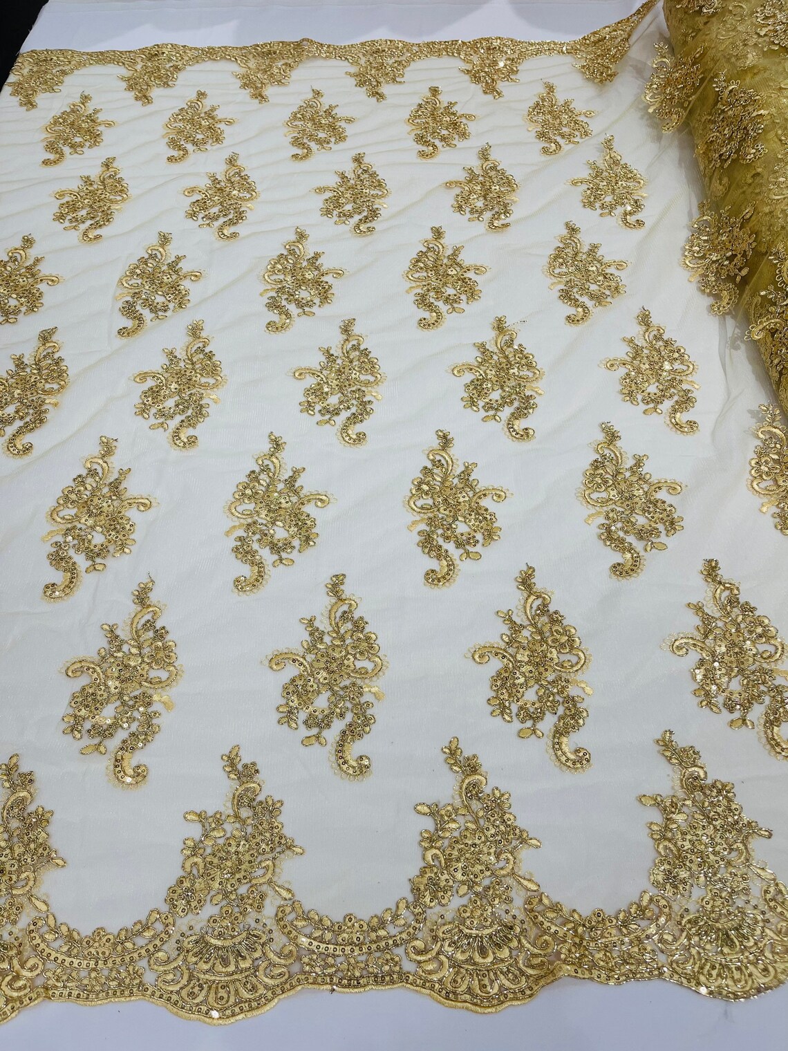 Fancy Lace - 52-inches Wide Corded Sequined Embroidered 3D Golden Yellow