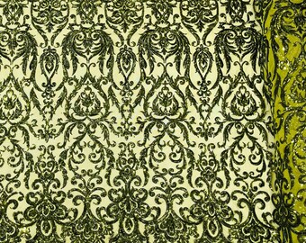 Olive Green shiny King Damask sequin design on a 4 way stretch mesh fabric-prom-sold by the yard.