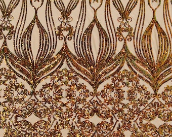 Green/Orange iridescent sequin damask design on a Nude 4 way stretch mesh-sold by the yard.