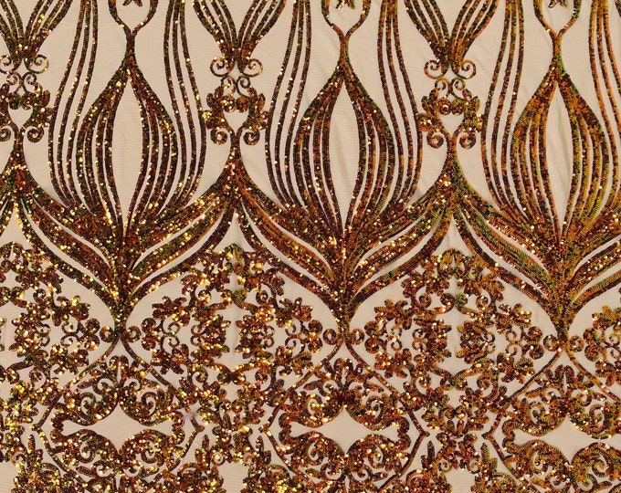 Green/Orange iridescent sequin damask design on a Nude 4 way stretch mesh-sold by the yard.