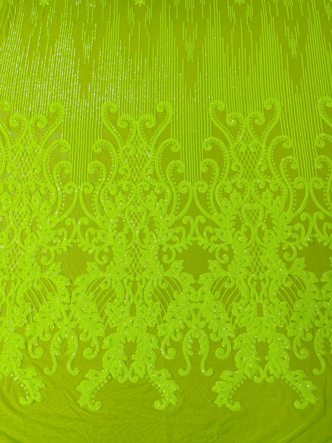Neon Green Damask Design on a 4 Way Stretch Meshpromsold by the Yard