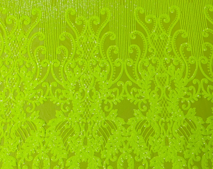 Neon Green damask design on a 4 way stretch mesh-prom-sold by the yard.