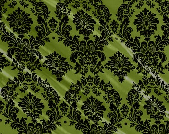 D Lime - Flocked Damask Taffeta Fabric - Sold By The Yard.