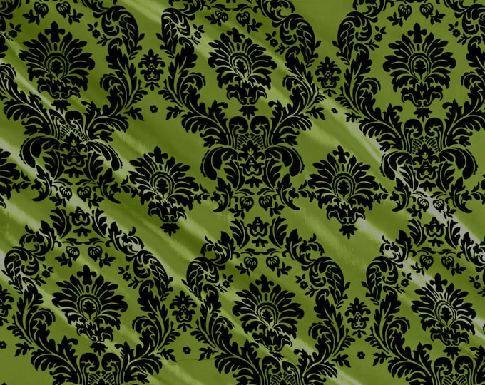 D Lime - Flocked Damask Taffeta Fabric - Sold By The Yard.