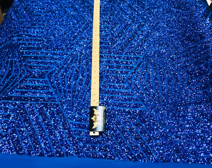 Royal blue shiny sequin geometric diamond design on a 2 way stretch mesh fabric-prom-nightgown-sold by the yard-free shipping in the USA-