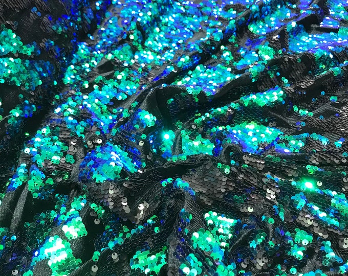Green/Purple/Black iridescent sequins flip two tone camouflage  design on a black stretch velvet, Sold by the yard.