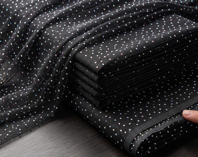 Black Rhinestone Mesh Fabric | Sheer Stretch Power Mesh with AB Crystals | Sparkle Fabric by Yard for Dress, Dancewear & Decor